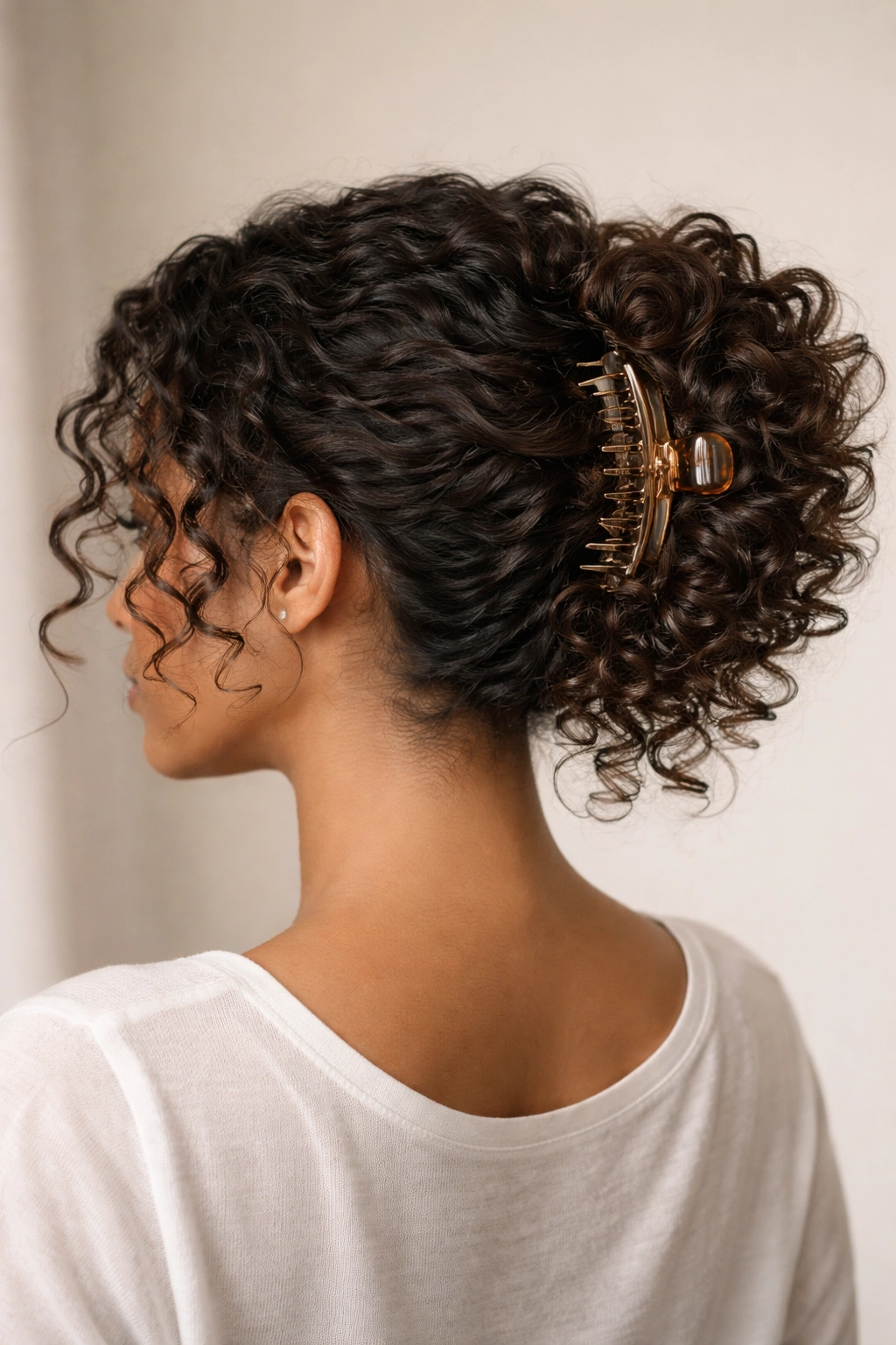Low updo secured with a claw clip and curling cascade
