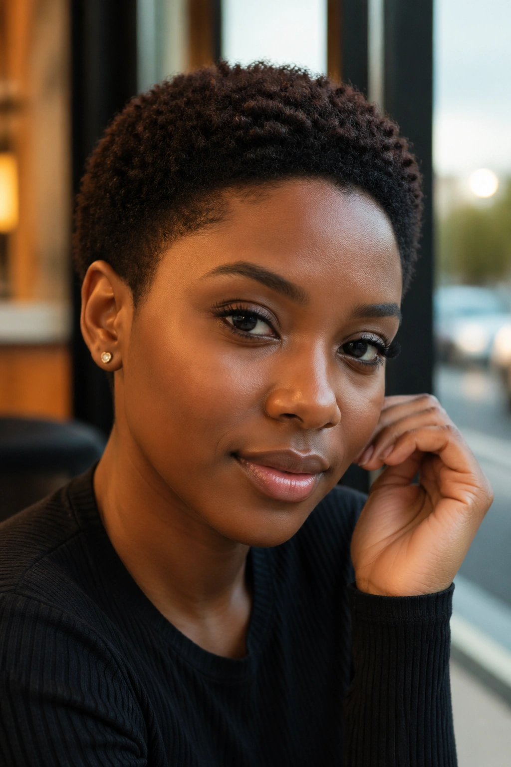 Close-up of a real woman with a clean-shaped TWA and crisp hairline