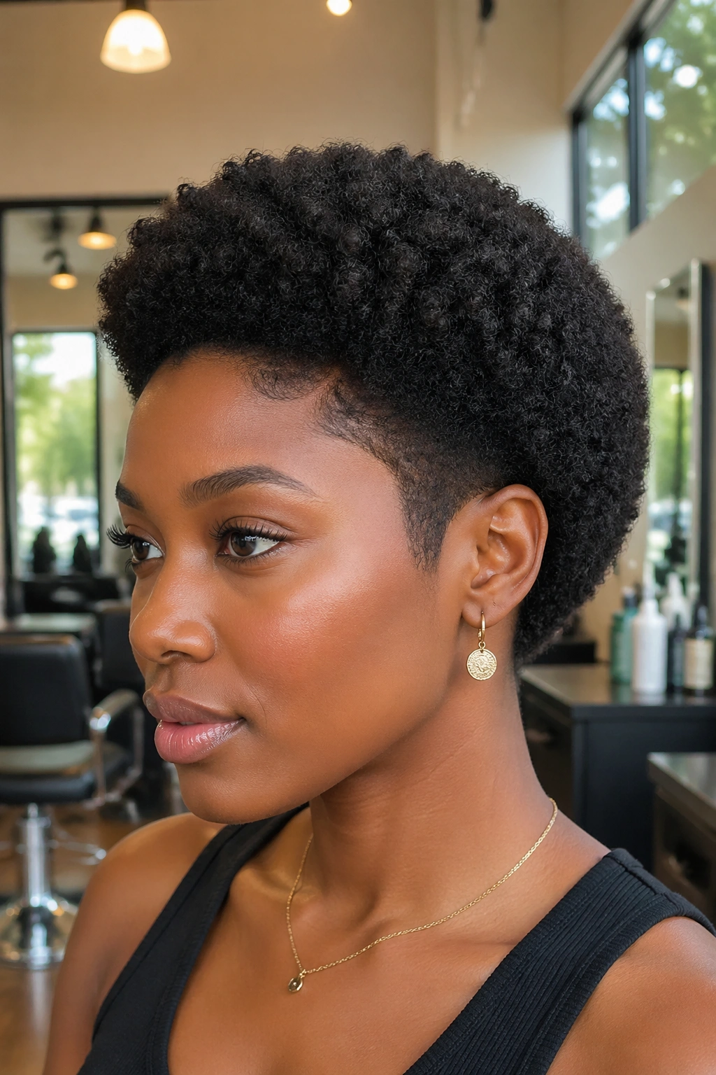 Close-up of a real woman with clean temples mini afro in a bright salon