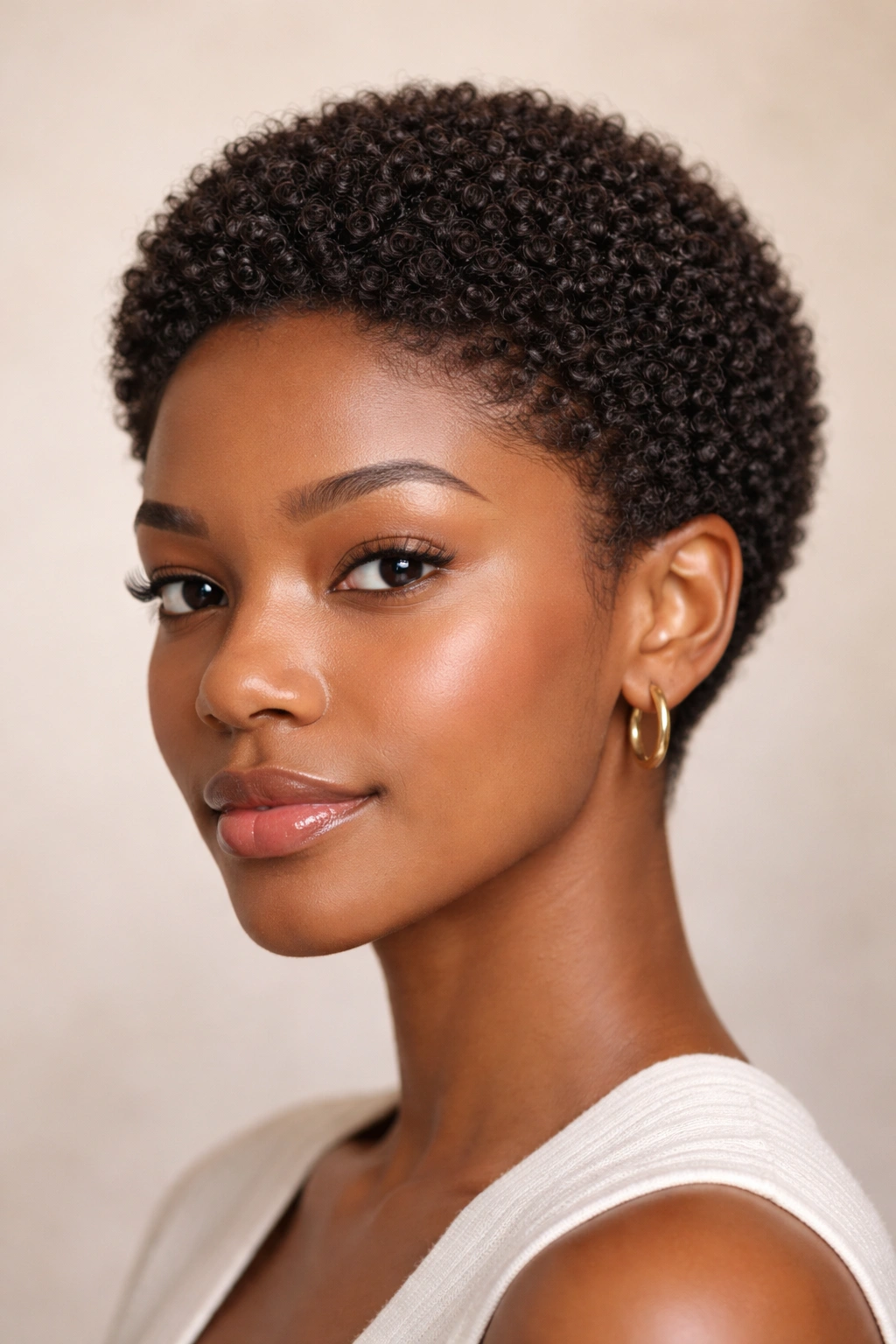 Close-up of a short afro with a rounded, even TWA silhouette and moisturized curls