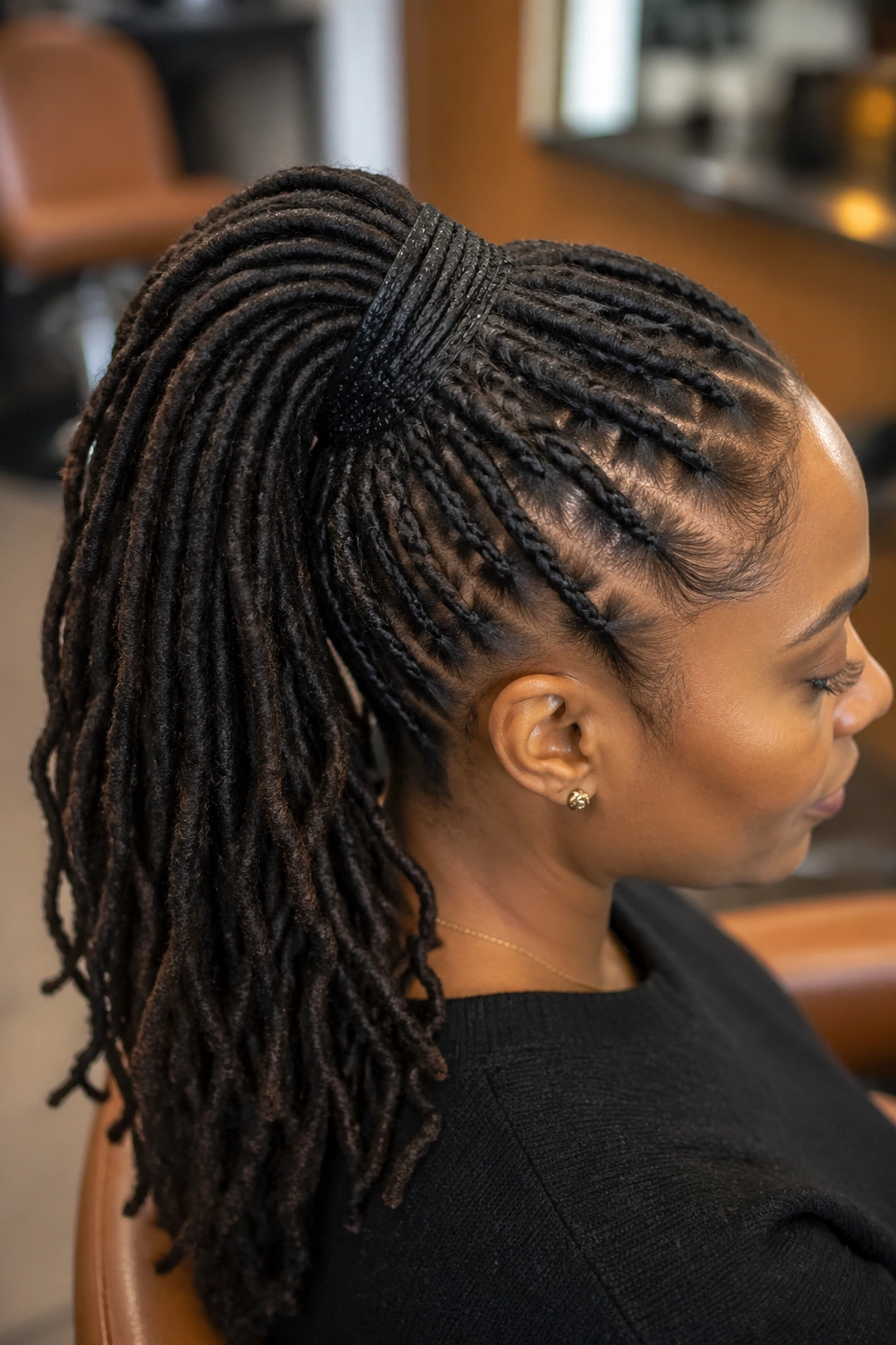Close-up of real woman wearing an integrated-base clip-in loc extension.