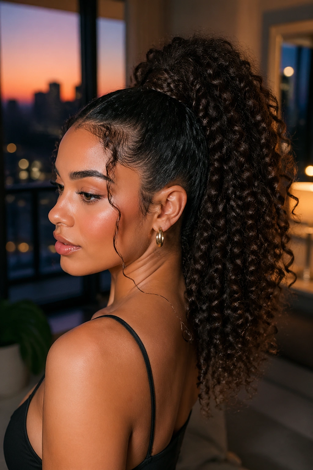 Close-up of clip-in length high ponytail on real woman