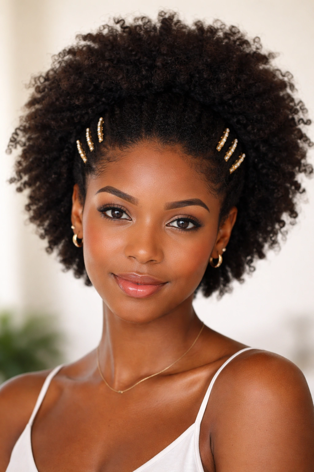 Clipped-back crown afro with clips near temples