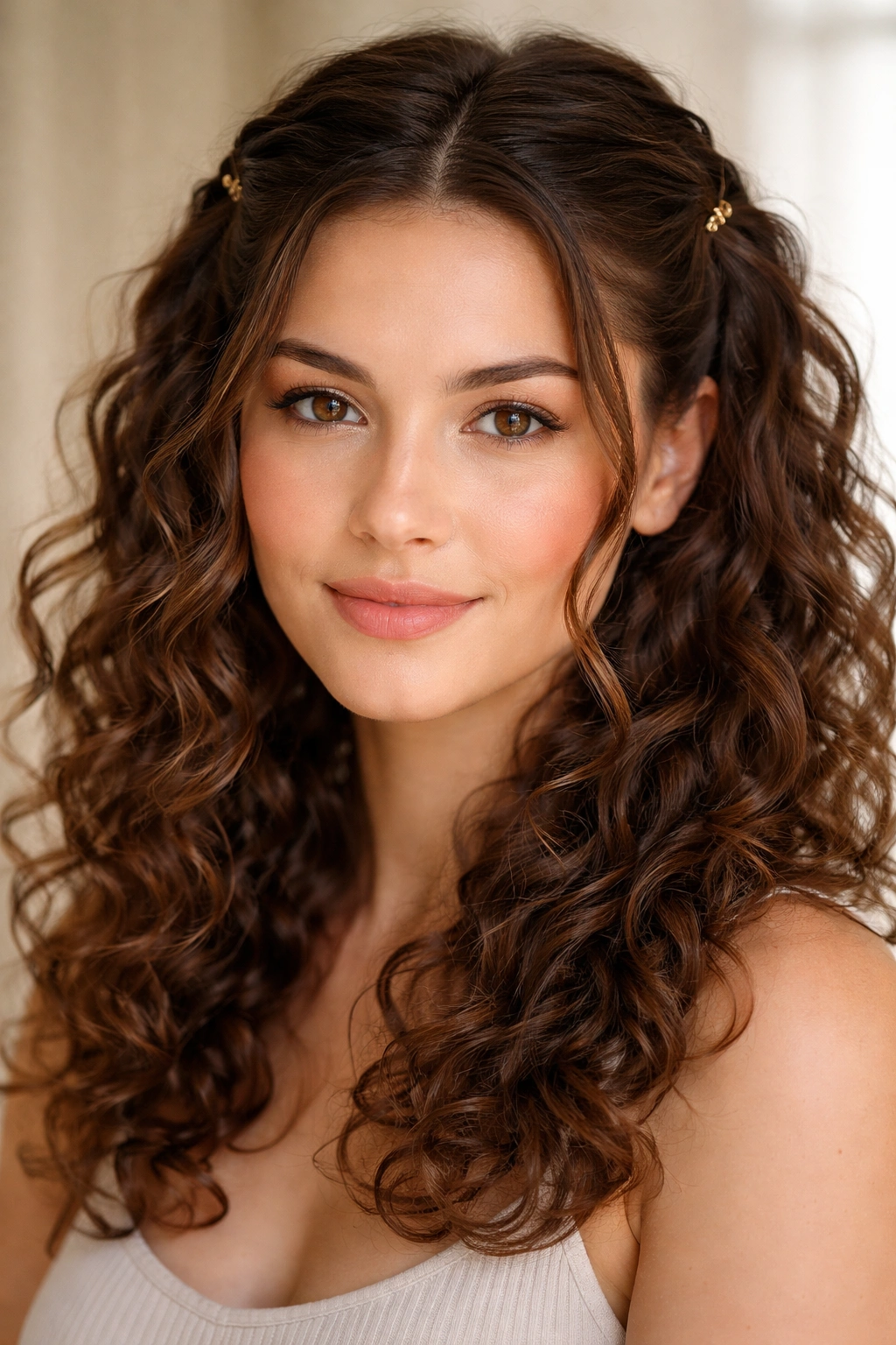 Front sections clipped back to reveal face with curls