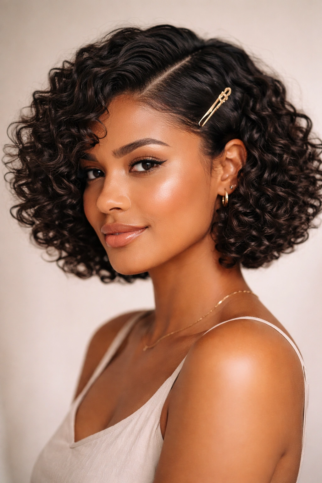 Curly bob with a side part held by a clip near the temple