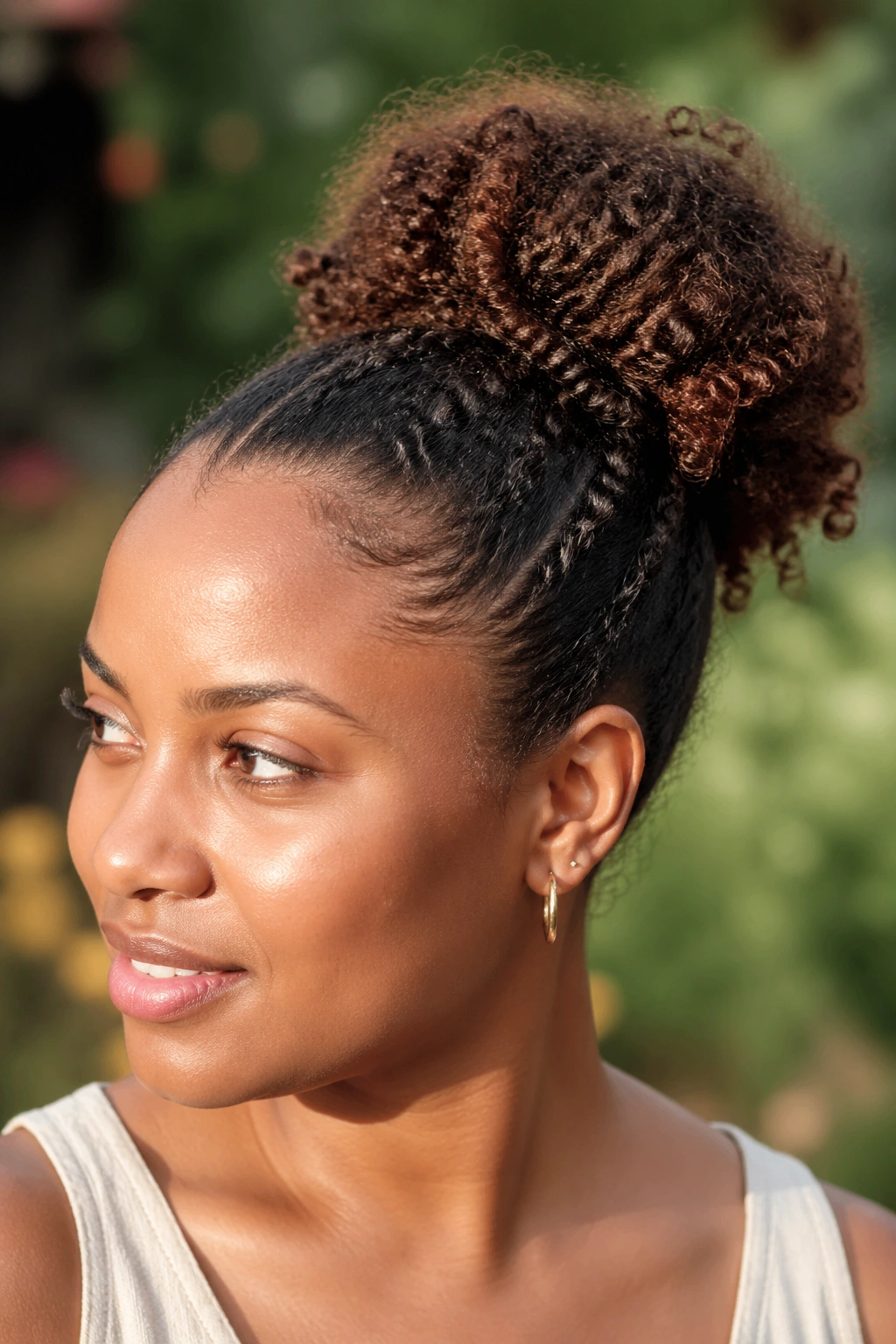 Close-up of a real woman with a coiled bun-ponytail hybrid showing coils around the base