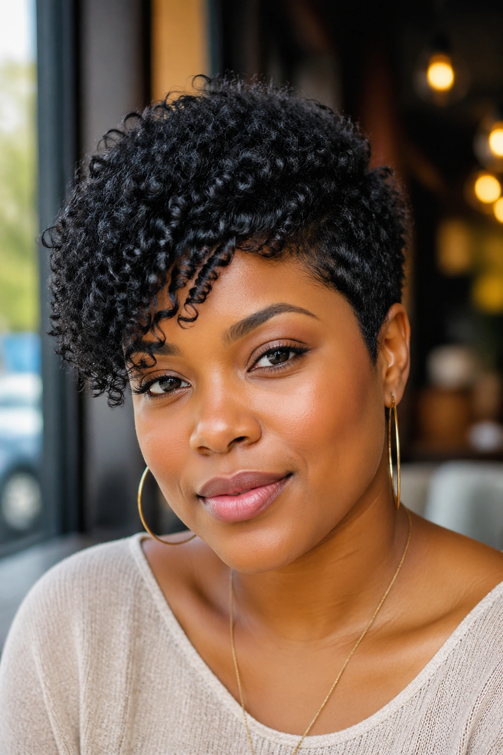 Close-up portrait of a real person with a coily pixie and side sweep