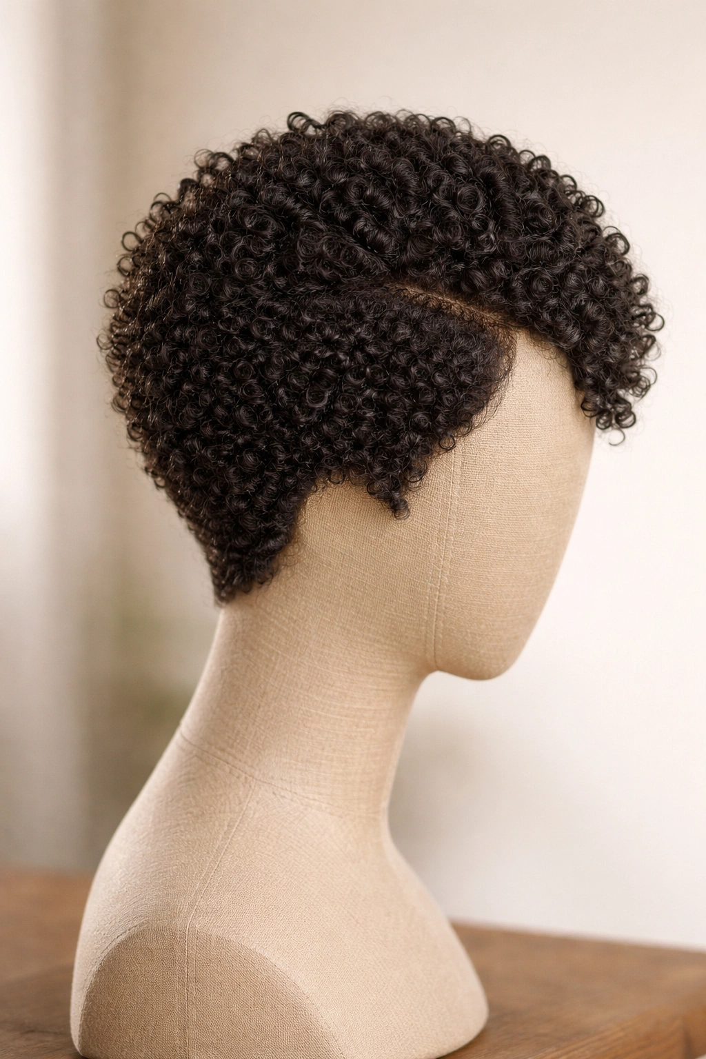 Coily pixie wig with side part on head form in studio