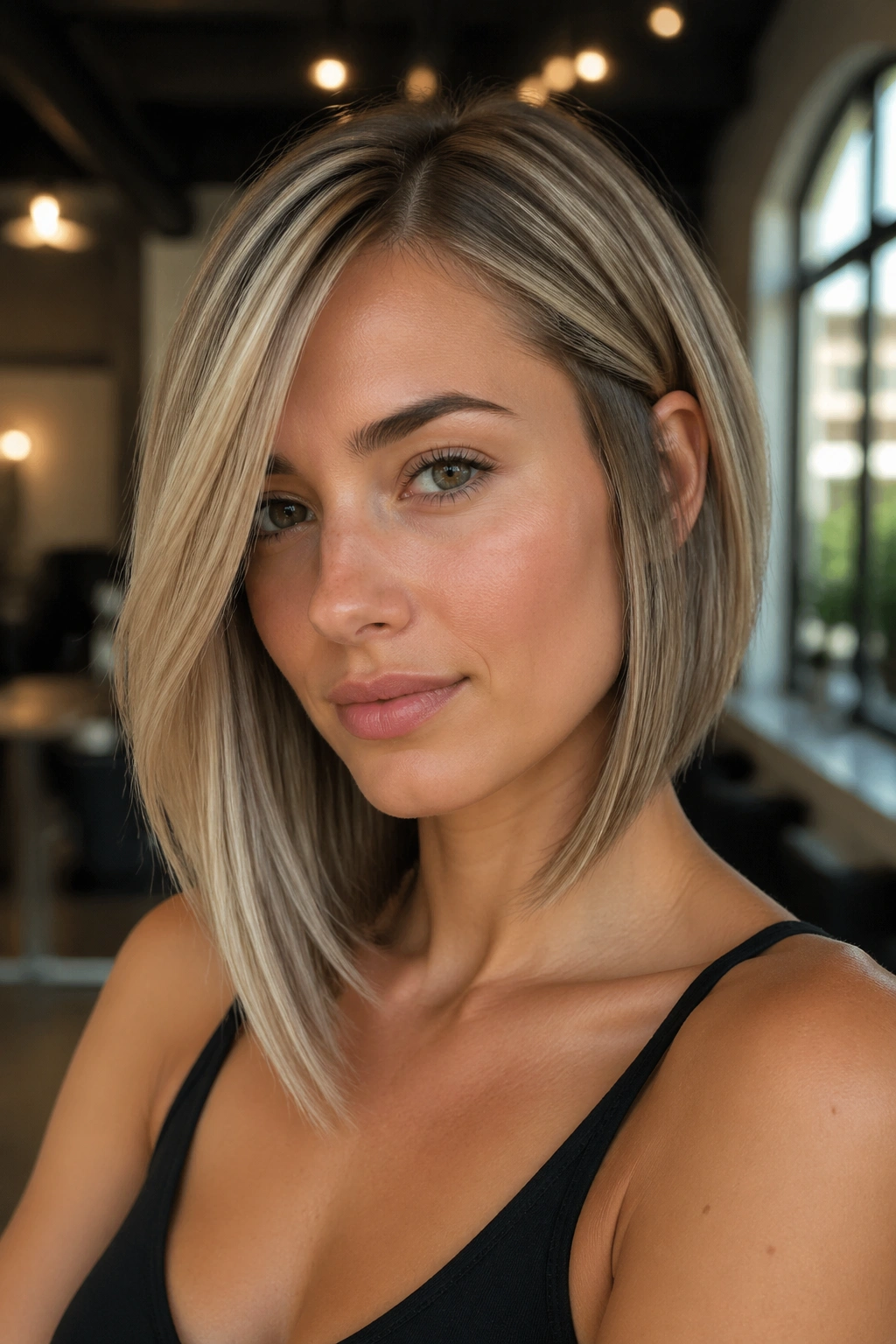Close-up portrait of a real person with a collarbone-length asymmetrical lob in a warm salon.