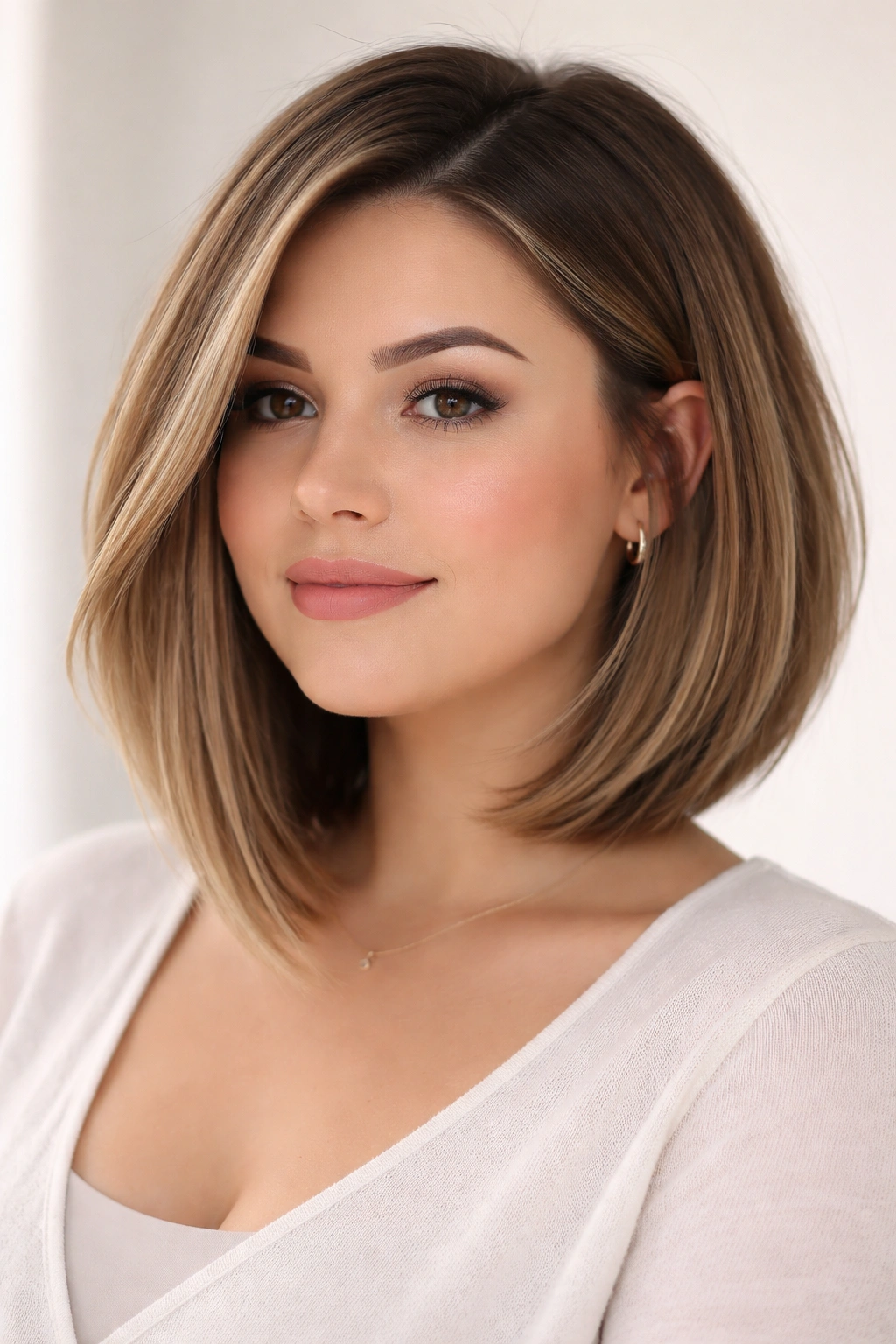 Close-up of a collarbone-length A-line bob with longer front pieces framing the face