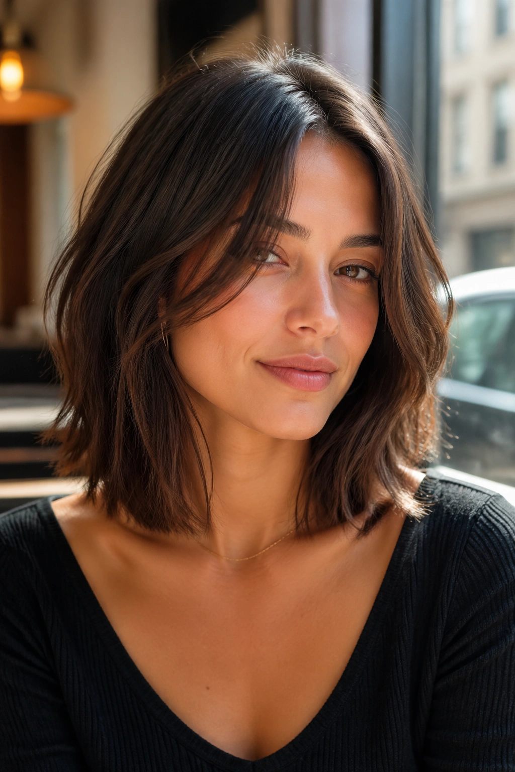 Close-up of a real woman with collarbone-length bob and curtain bangs, soft center part.