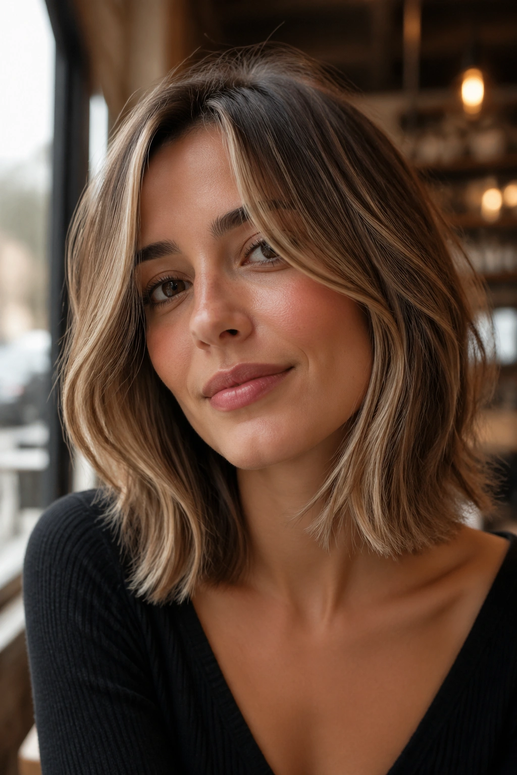 Close-up of a real woman with a collarbone-length bob and face-framing layers