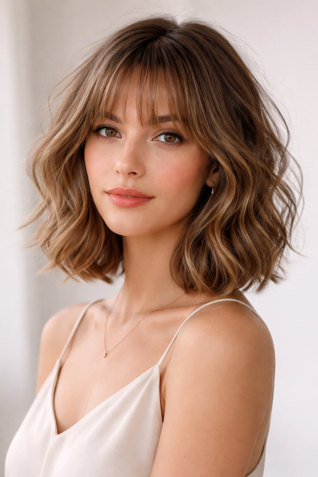 Wavy collarbone bob with light fringe.