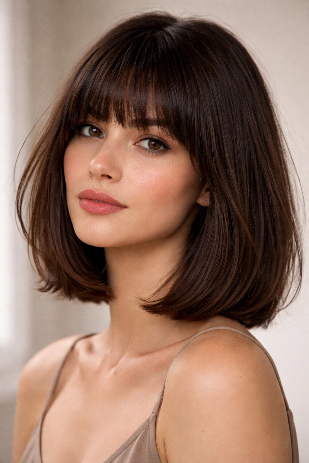 Close-up of collarbone-length bob with full fringe on a neutral studio background