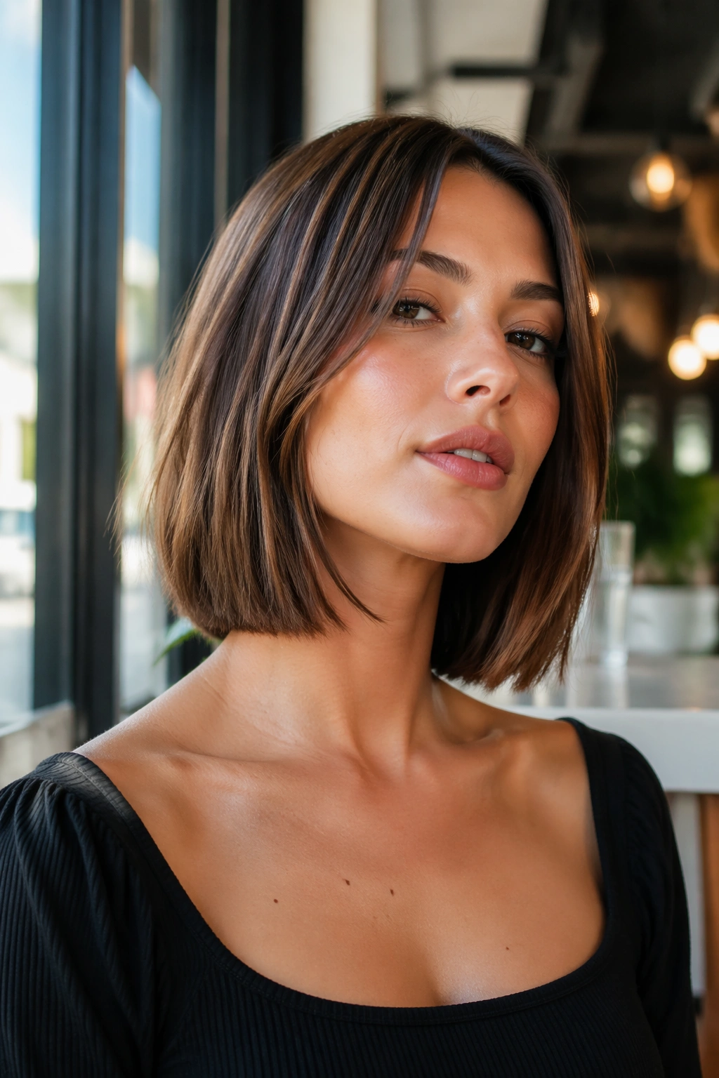 Close-up portrait of a woman with a collarbone-length bob and subtle face-framing edge