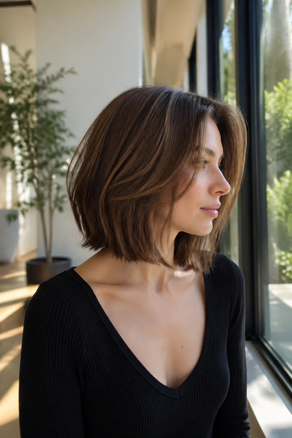 Close-up of a real woman with collarbone-length bob and invisible layers