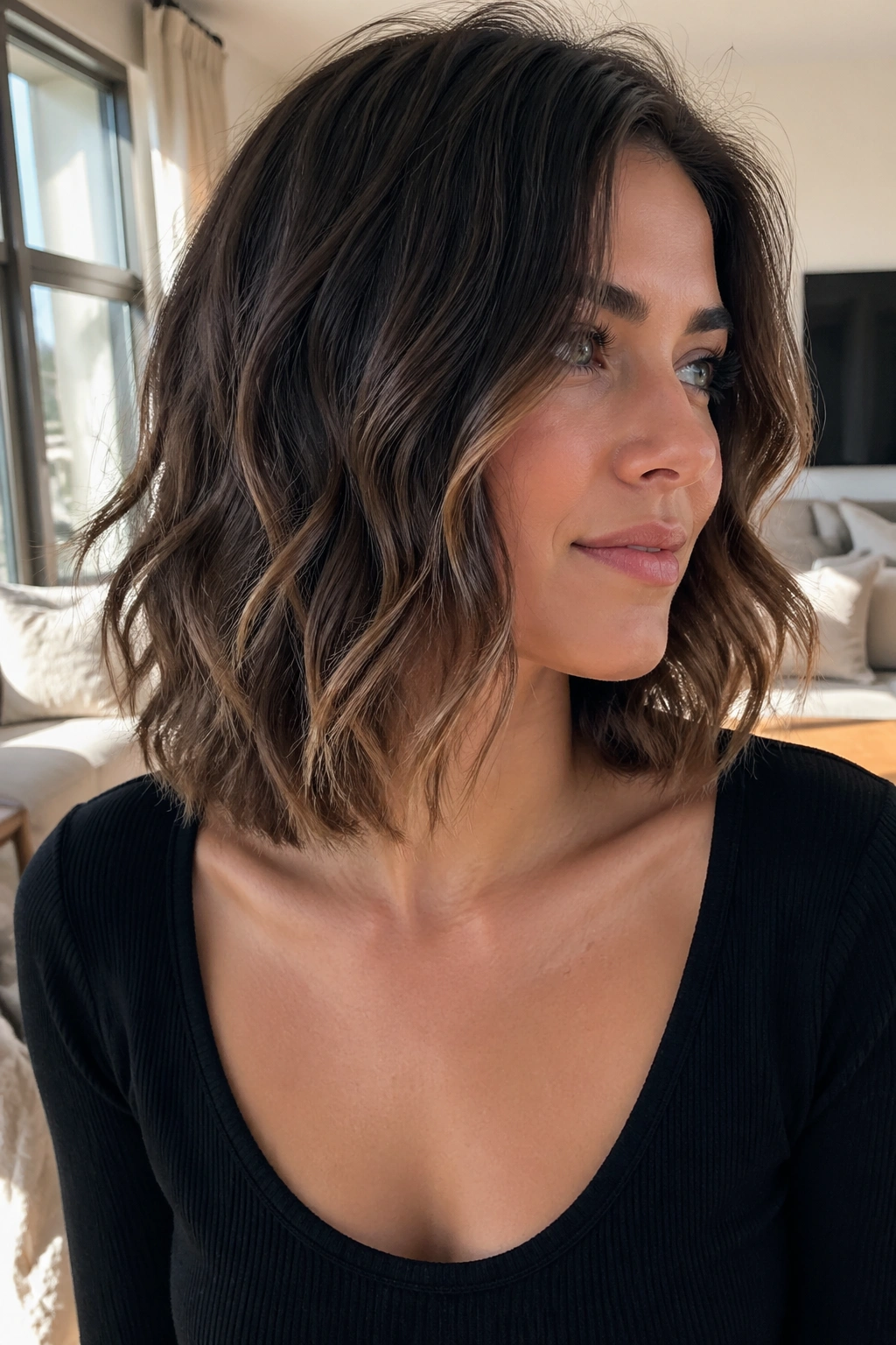 Medium close-up of a real woman with a collarbone-length bob and loose waves.