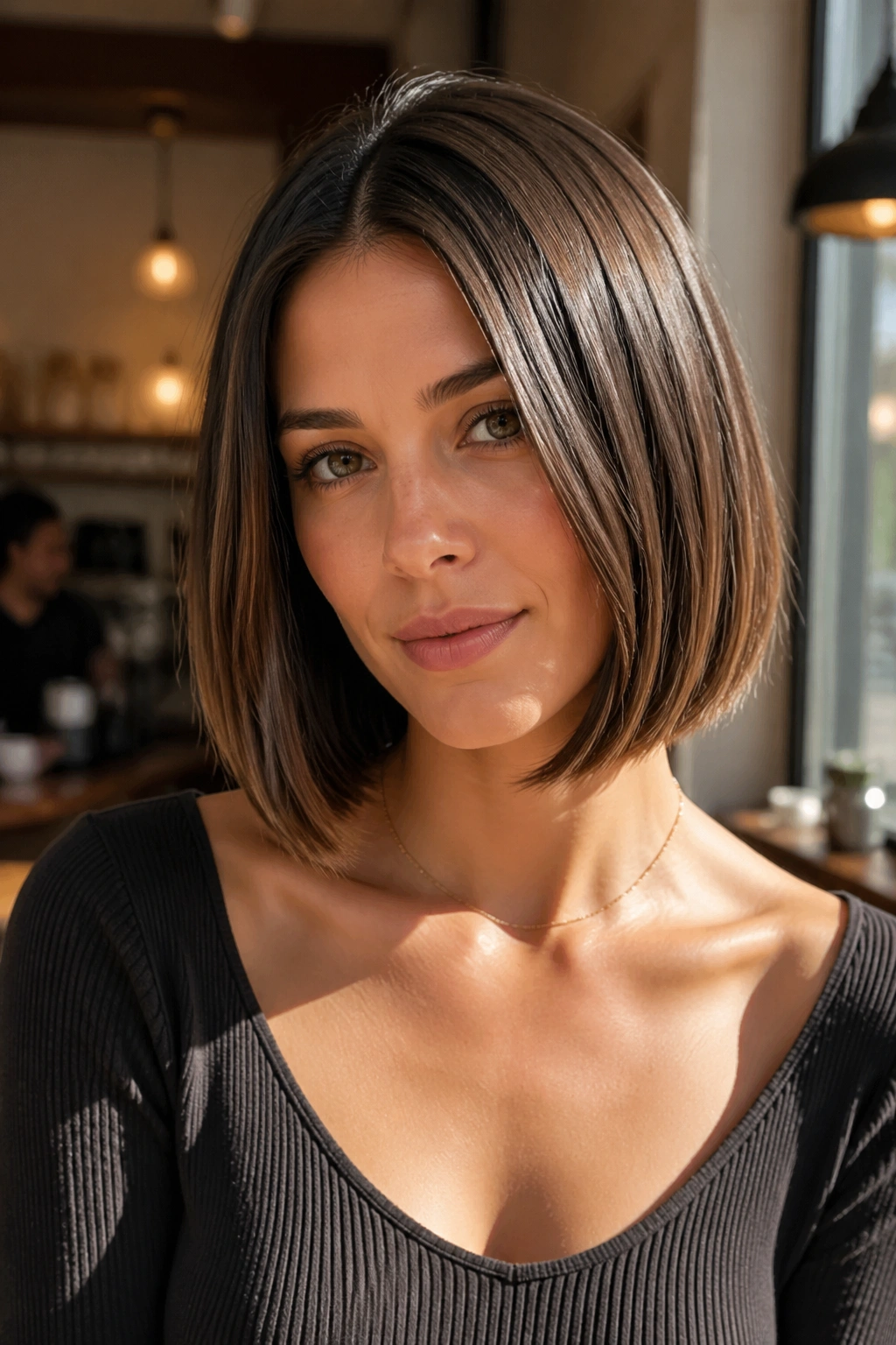 Close-up portrait of a woman with a collarbone-length bob and blunt ends