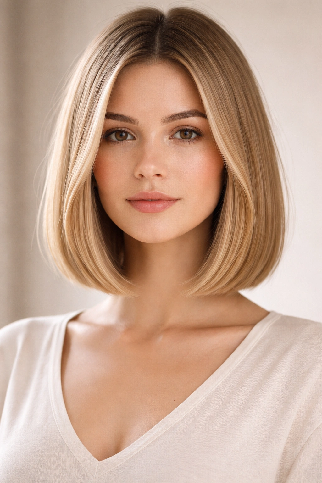 Close-up of a collarbone-length precision bob with a clean perimeter and subtle bend