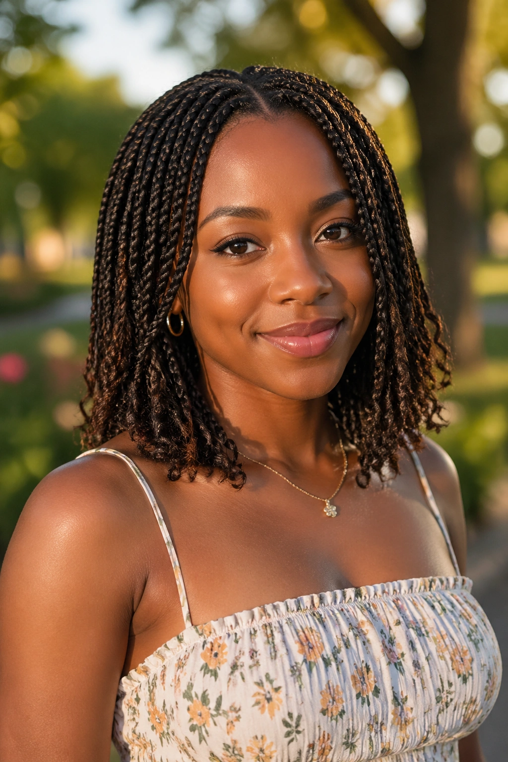 Medium collarbone-length boho braids on a real woman outdoors.