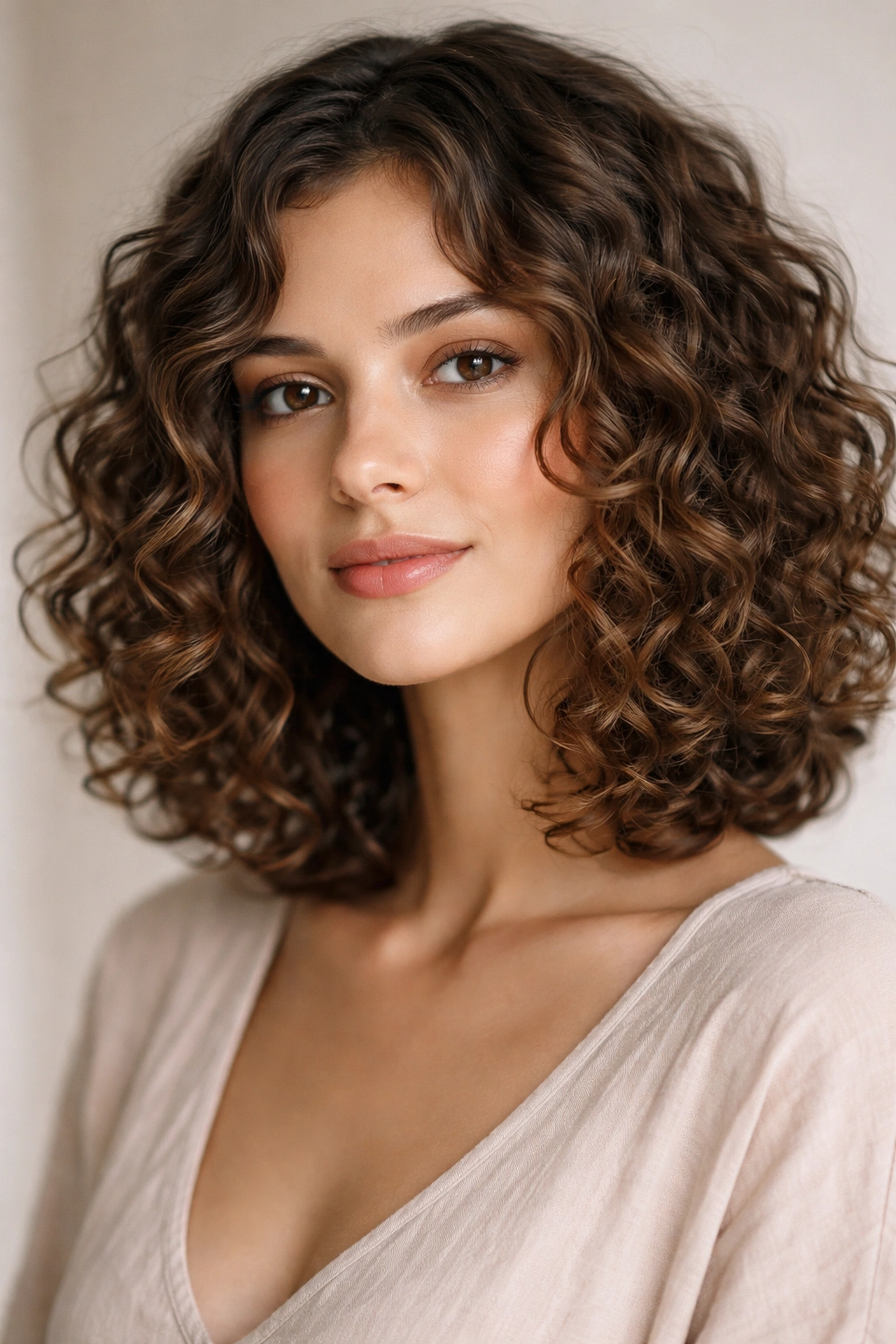 Portrait of a girl with a collarbone-length curly bob showing relaxed length at the collarbone.