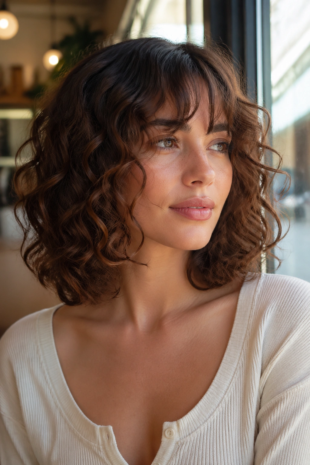 Portrait of a real woman with collarbone-length curly bob and long bangs in a sunlit cafe.