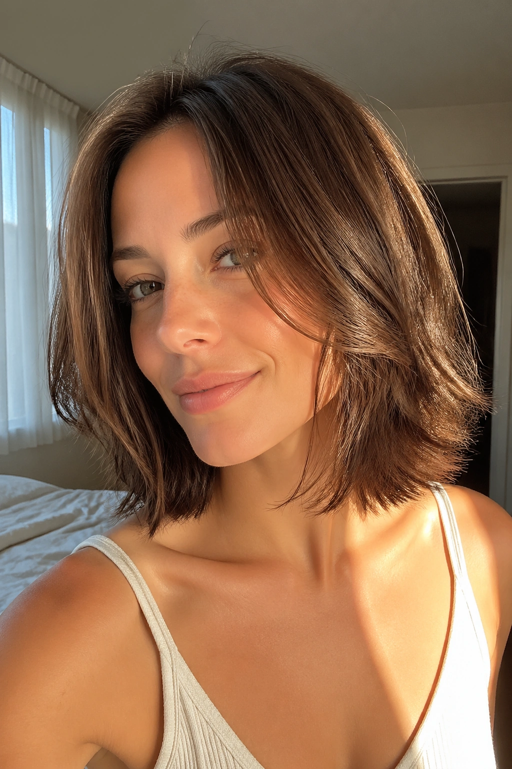 Portrait of a real woman with a collarbone-length feathered bob in natural light