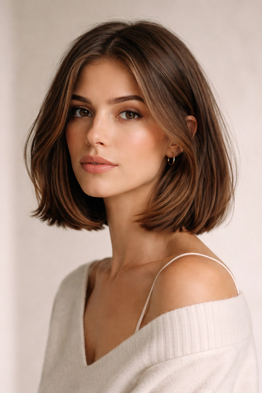 Collarbone-grazing Italian bob with drape and weight at the bottom.
