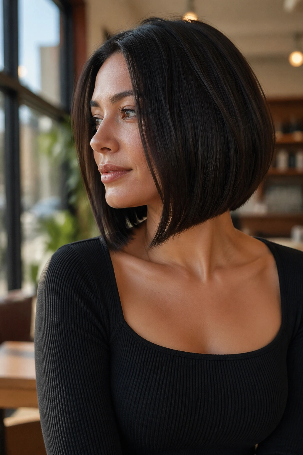 Real woman with collarbone-length inverted bob grazes the collarbone.