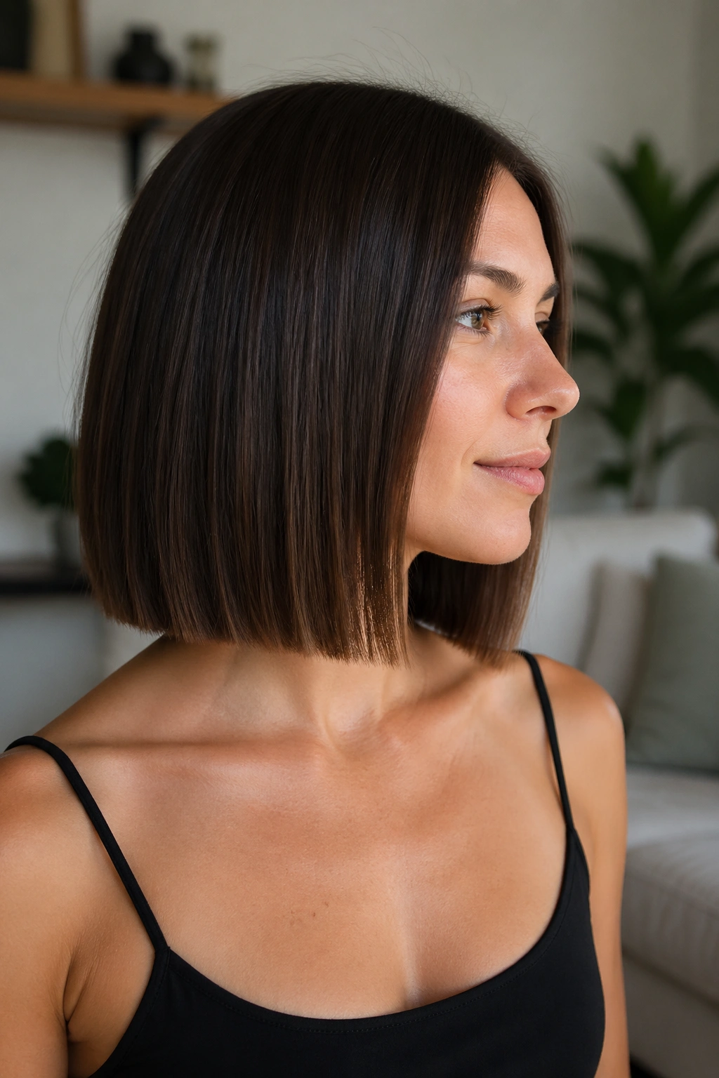 Close-up of a real woman with collarbone-length laser cut bob and straight perimeter
