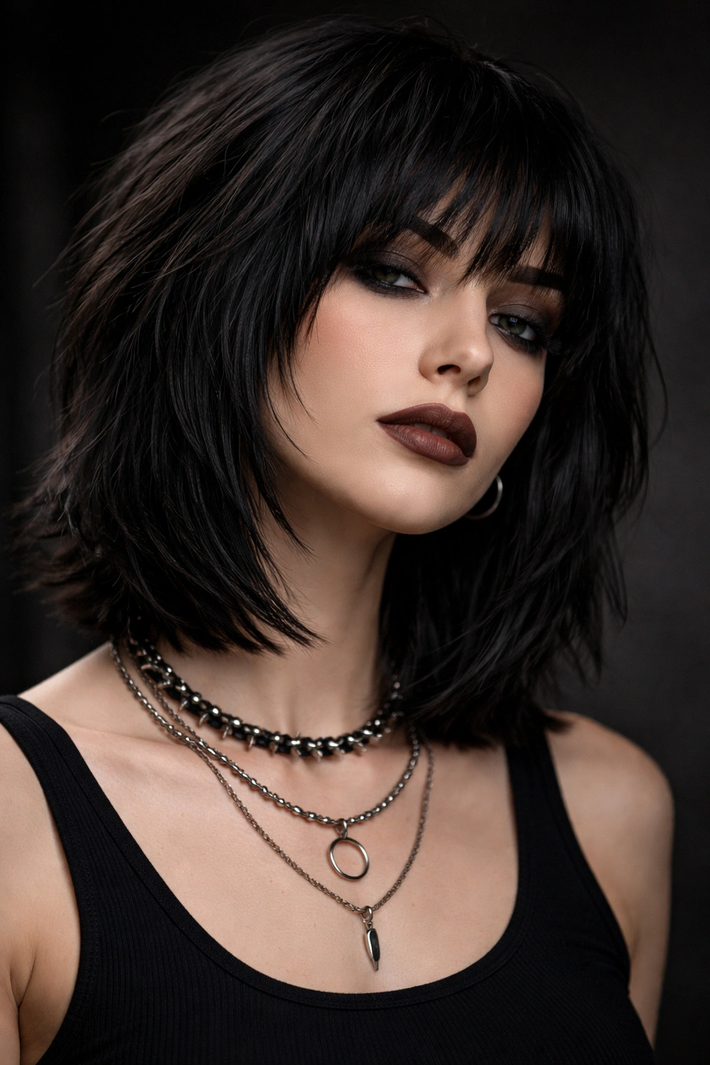 Close-up of a collarbone-length shag goth bob with blunt edge and subtle layers