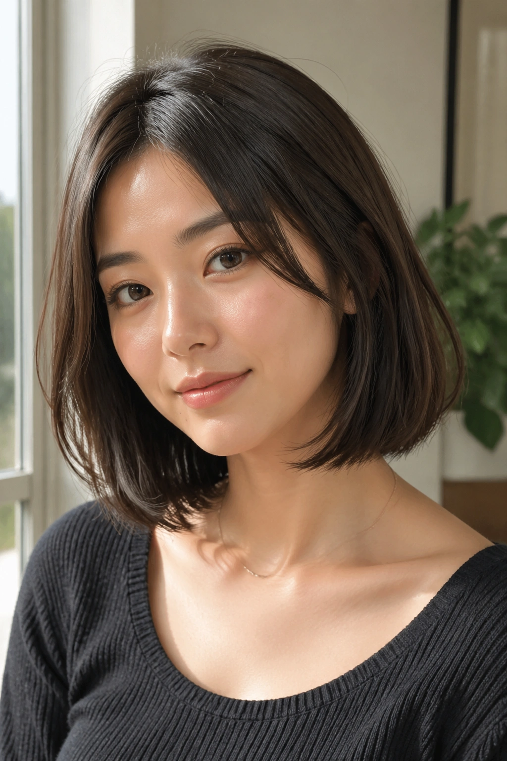 Close-up of a woman with a collarbone-length Japanese lob in natural window light