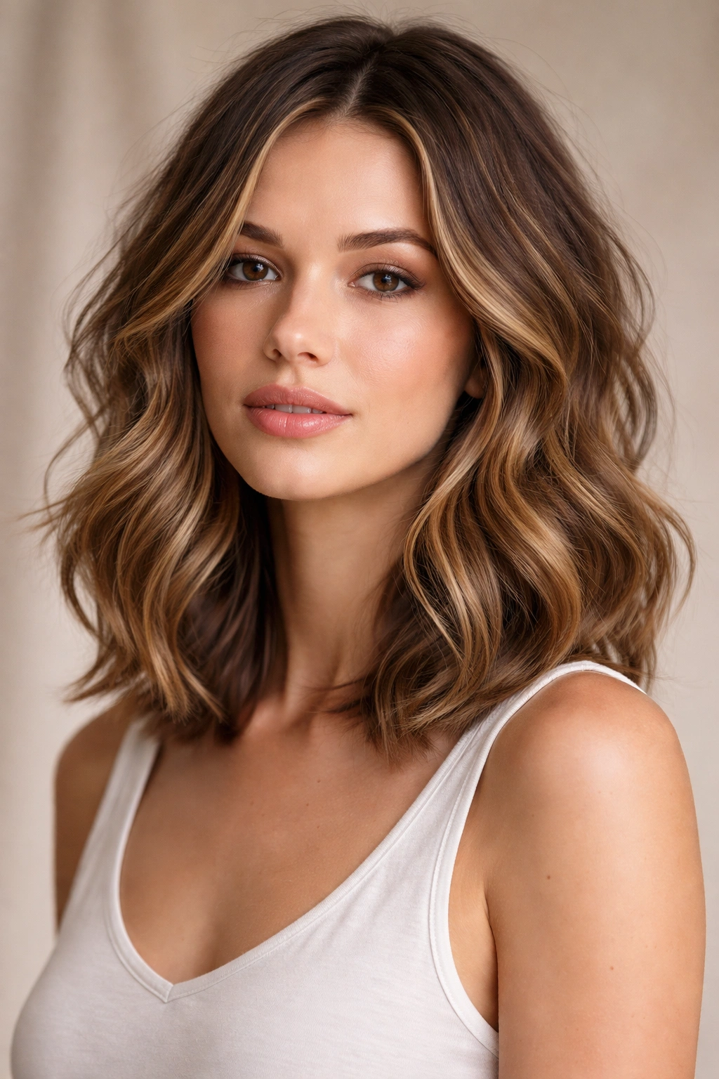 Close-up of a model with a collarbone-length lob and soft waves