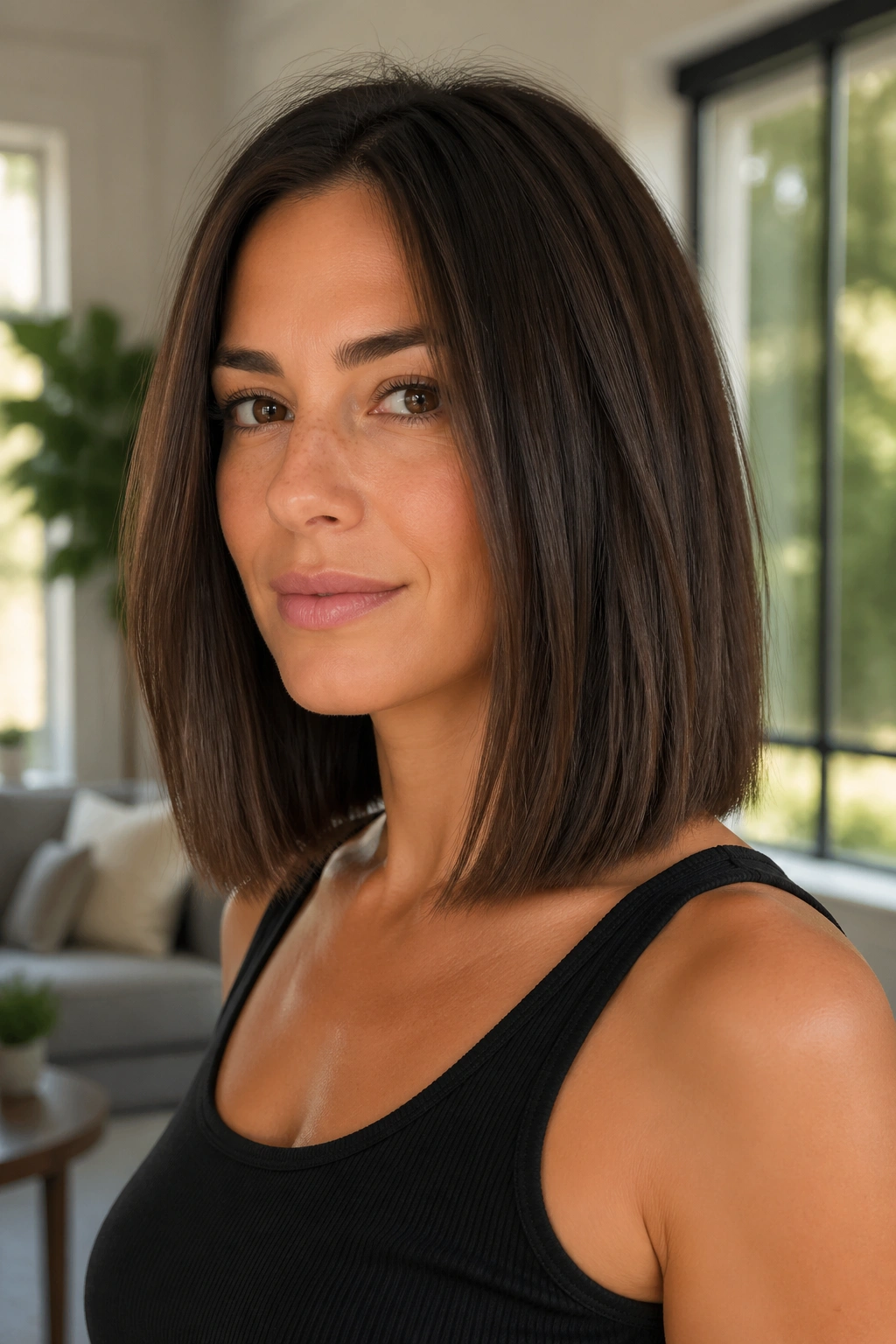 Close-up portrait of a real woman with a collarbone-length lob and clean blunt ends