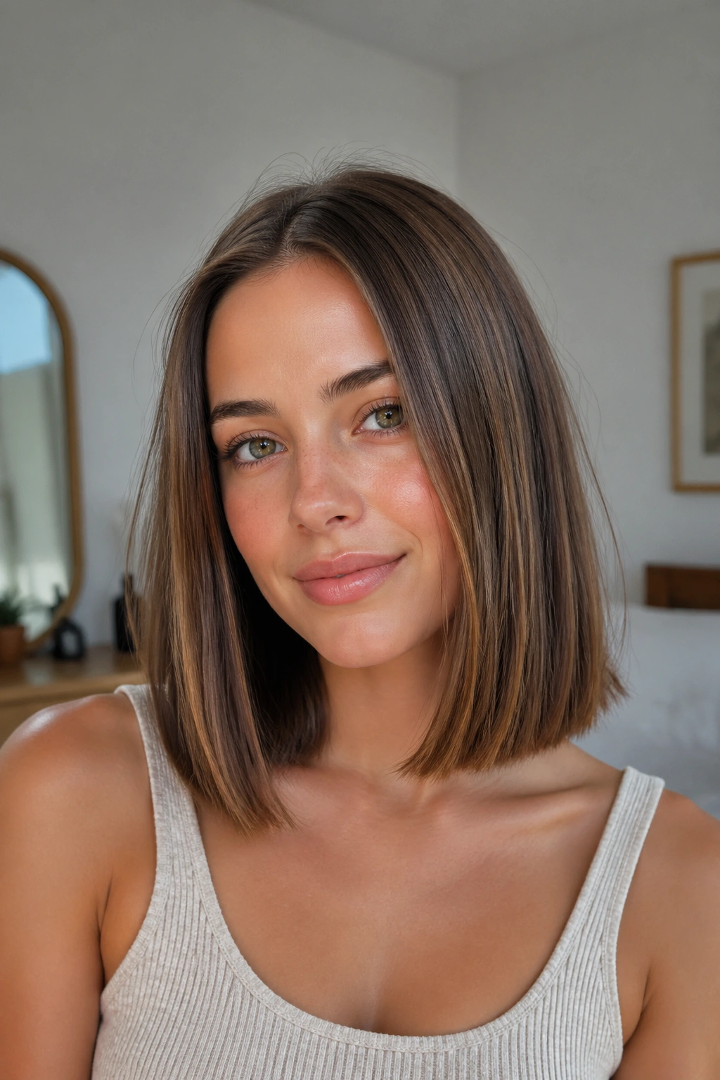 Close-up of a real girl with a blunt collarbone lob under natural window light.