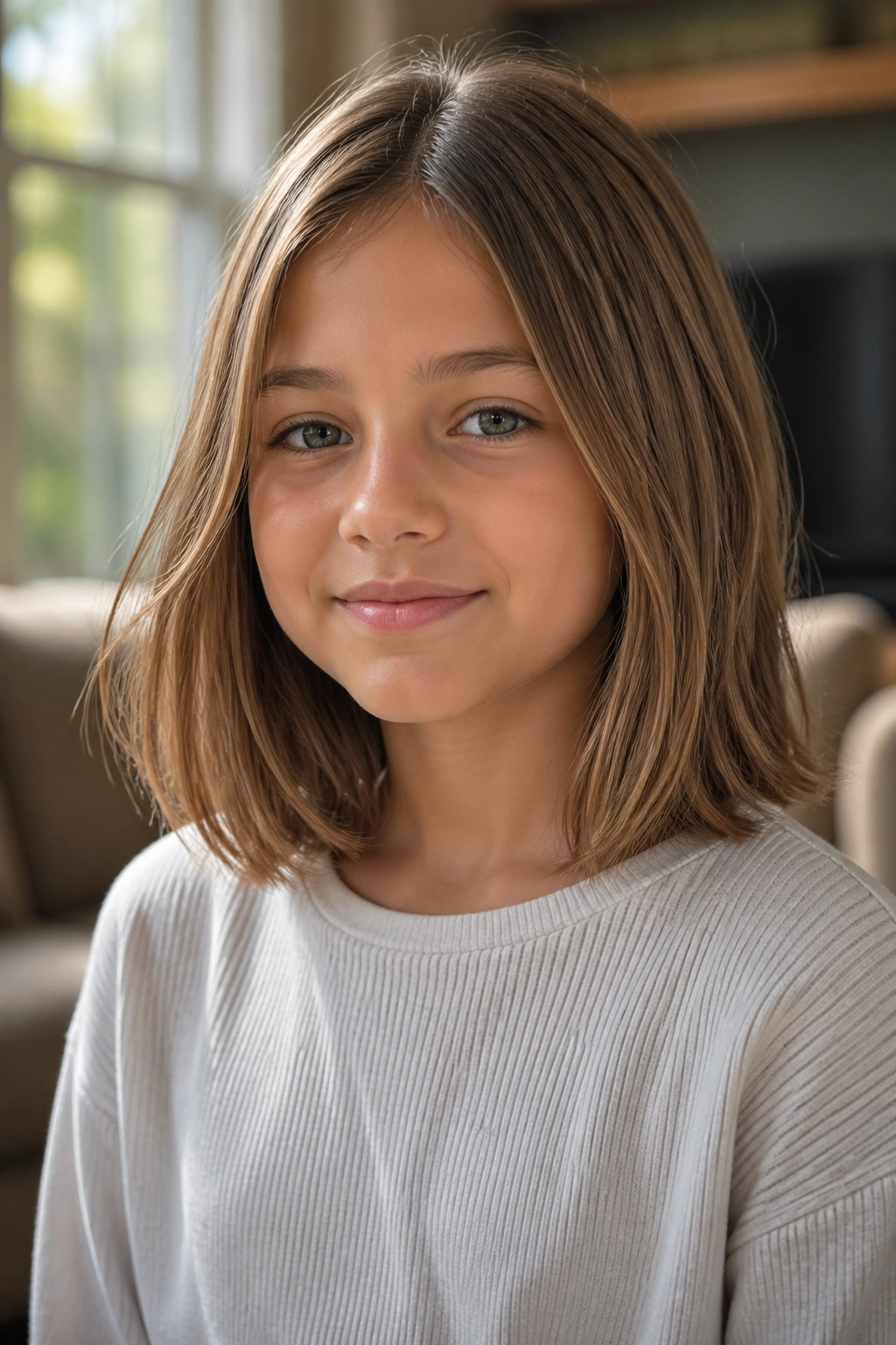 Close-up of real child with collarbone-length lob in living room light
