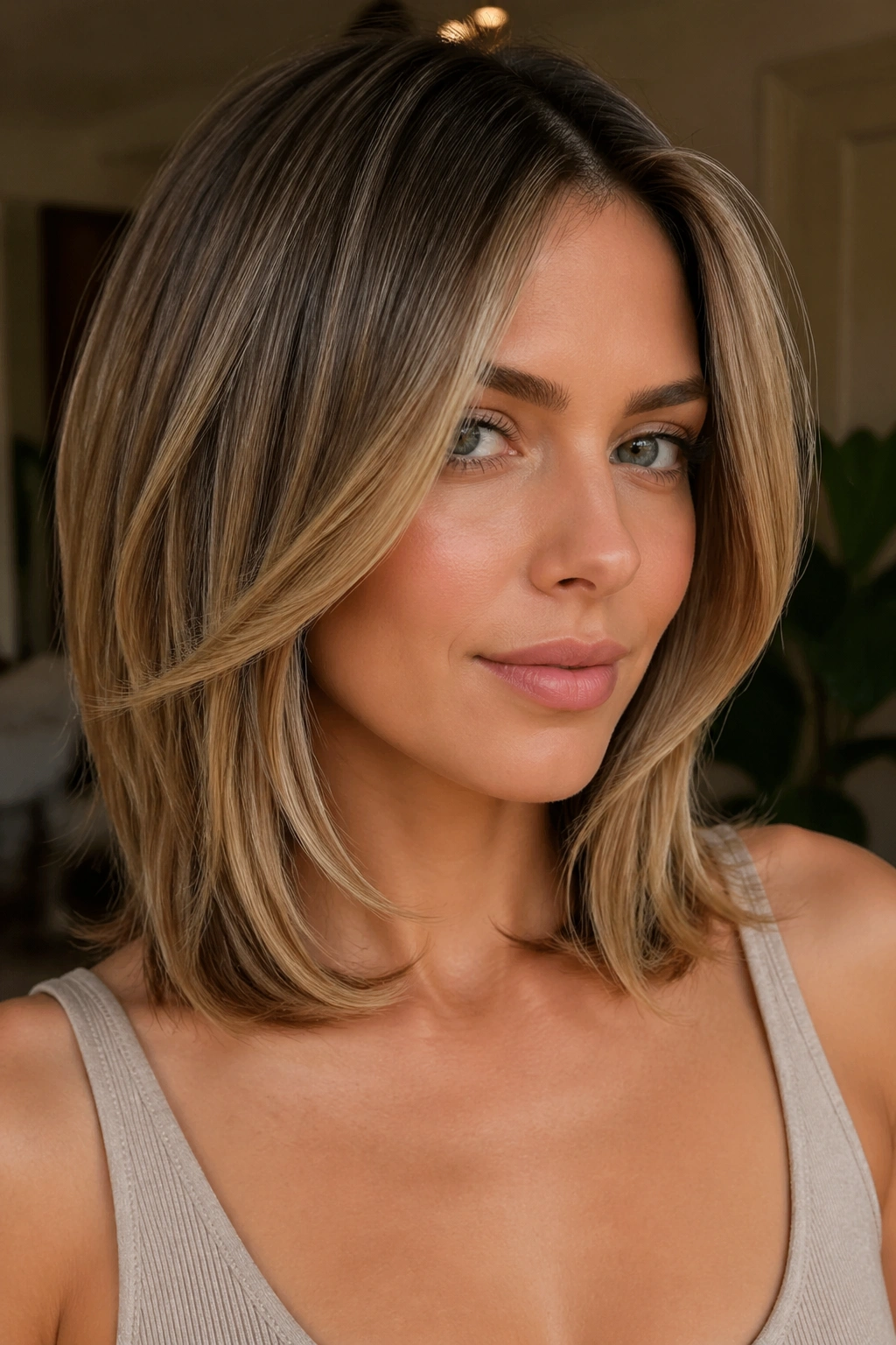 Real woman wearing a collarbone-length layered lob with face-framing pieces