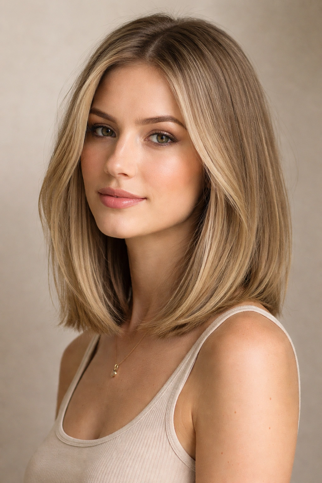 Collarbone lob hairstyle with barely-there layers and blunt edge on head-and-shoulders portrait