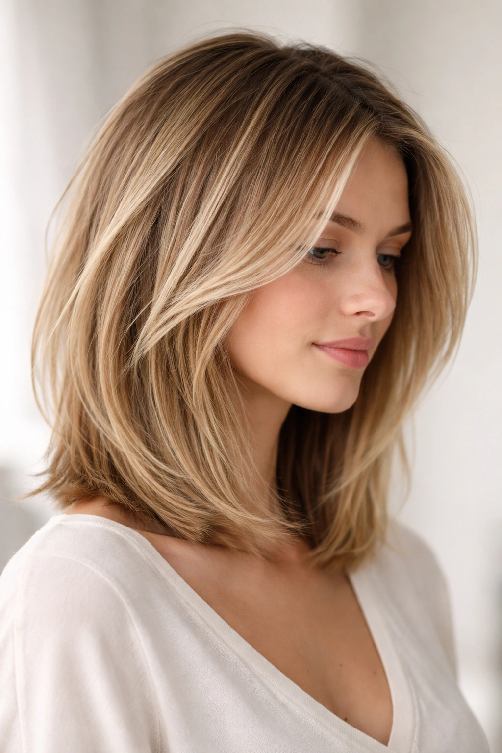 Three-quarter profile of a model with a collarbone-length lob showing internal layers