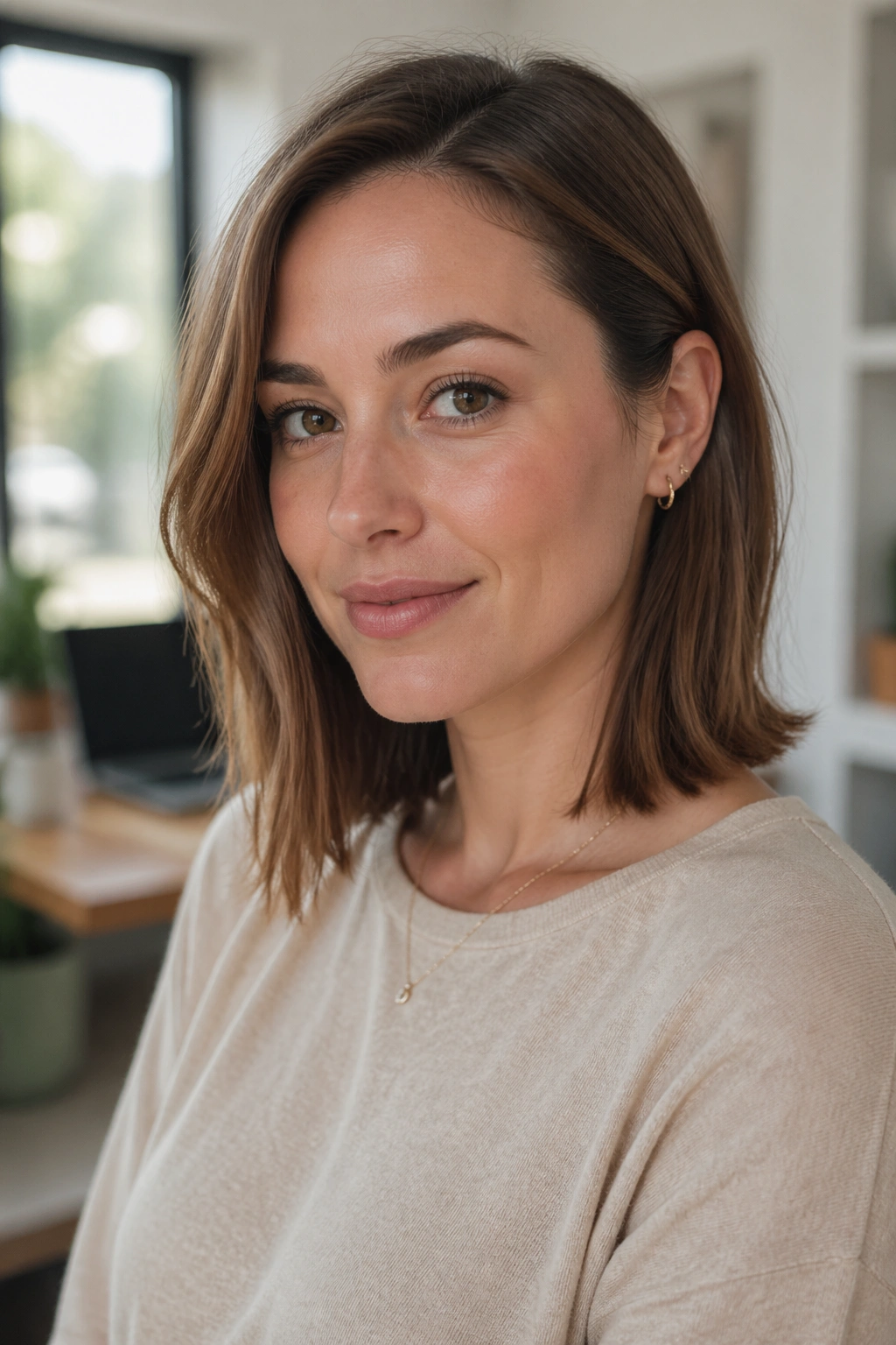 Real woman with collarbone-length lob tucked behind the ear