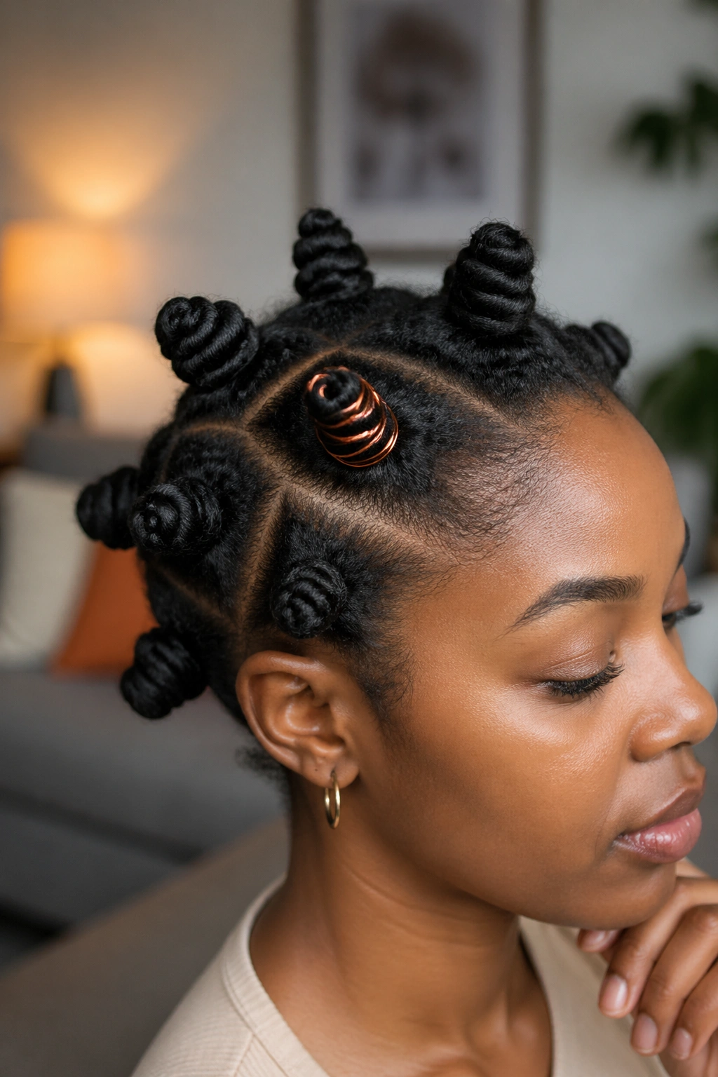 Close-up of a real person with copper-accented Bantu knot
