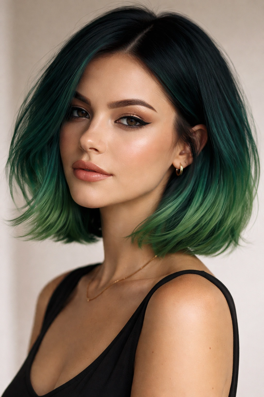 Teal to green color melt bob showing gradient from teal roots to green tips.