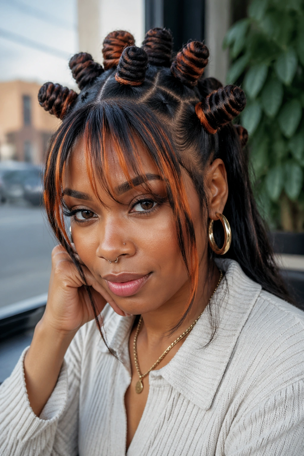 Portrait of a real woman with color pops in bangs and feathered fringe