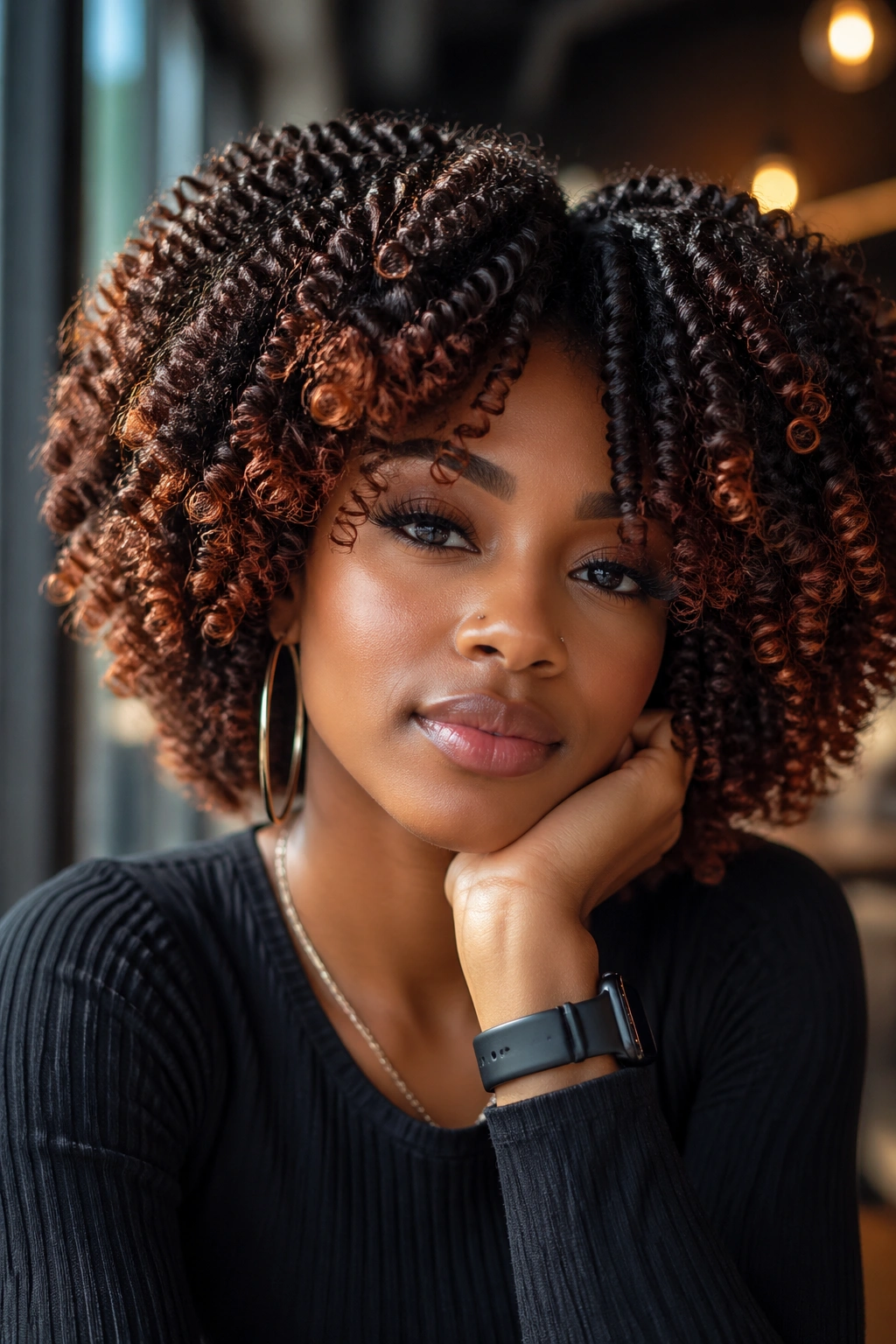 Close-up of a real woman wearing color-tipped crochet afro with copper ends in natural light.