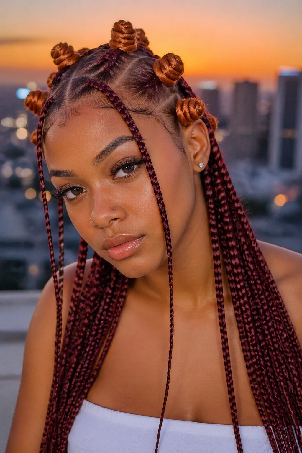 Real woman wearing burgundy colored Fulani braids with copper knots