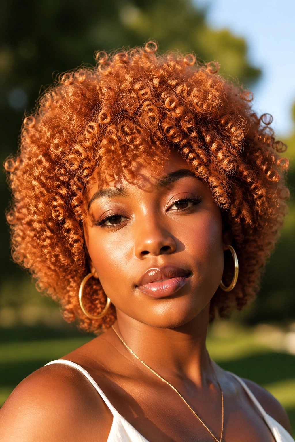 Close-up of real person wearing copper-colored crochet afro outdoors