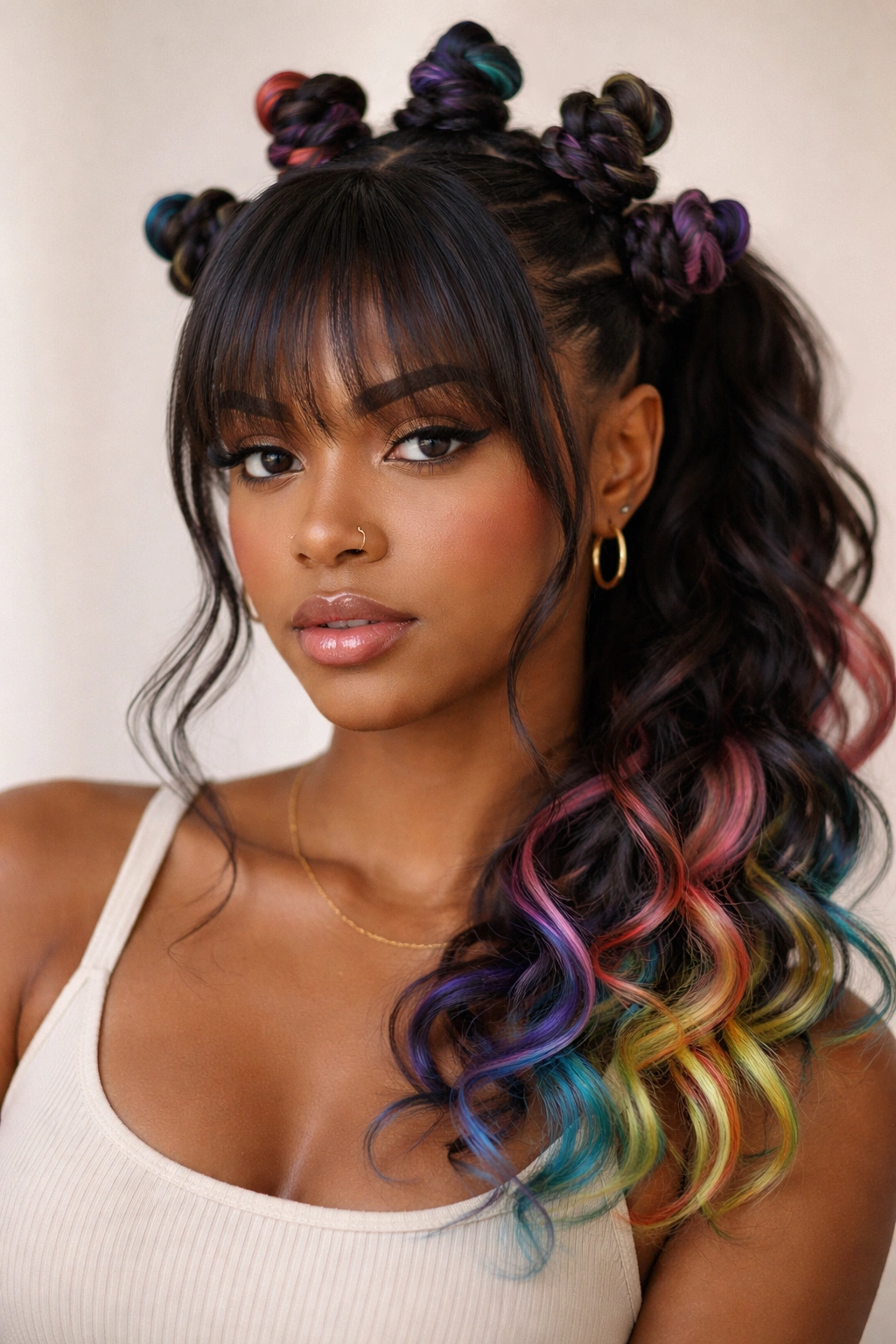 Bantu knot ponytail with colored ends and soft bangs