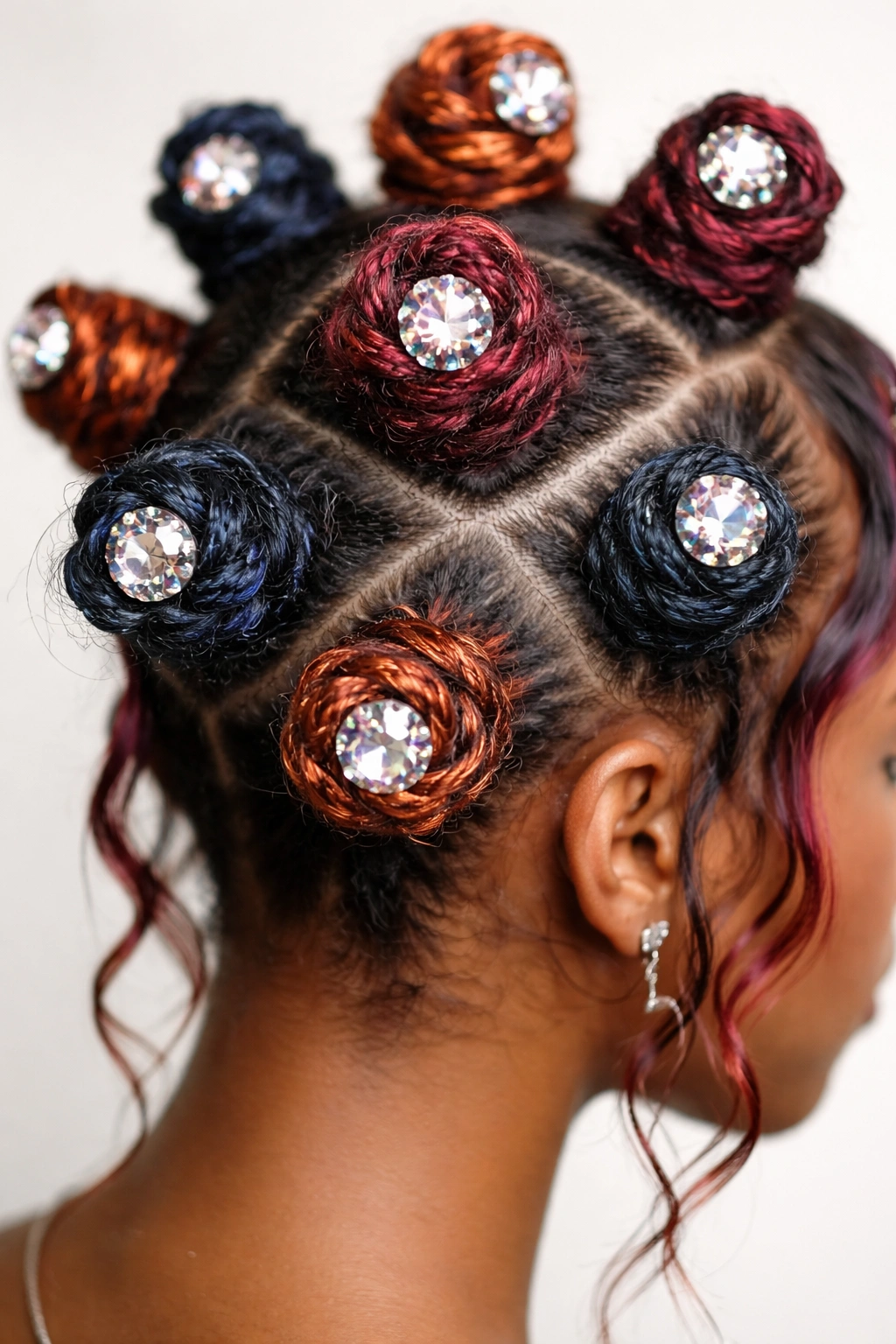 Close-up of colored extension Bantu knots with crystals on outer knots