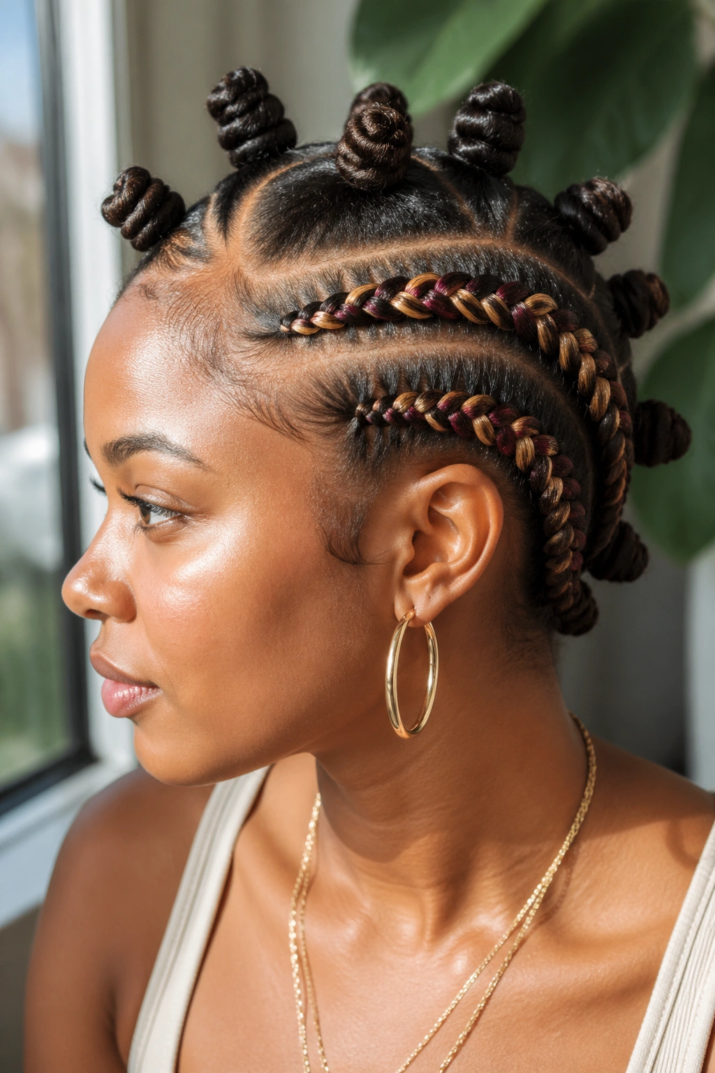 Close-up profile of a real person with colored extensions woven into side braids in warm tones against dark hair.