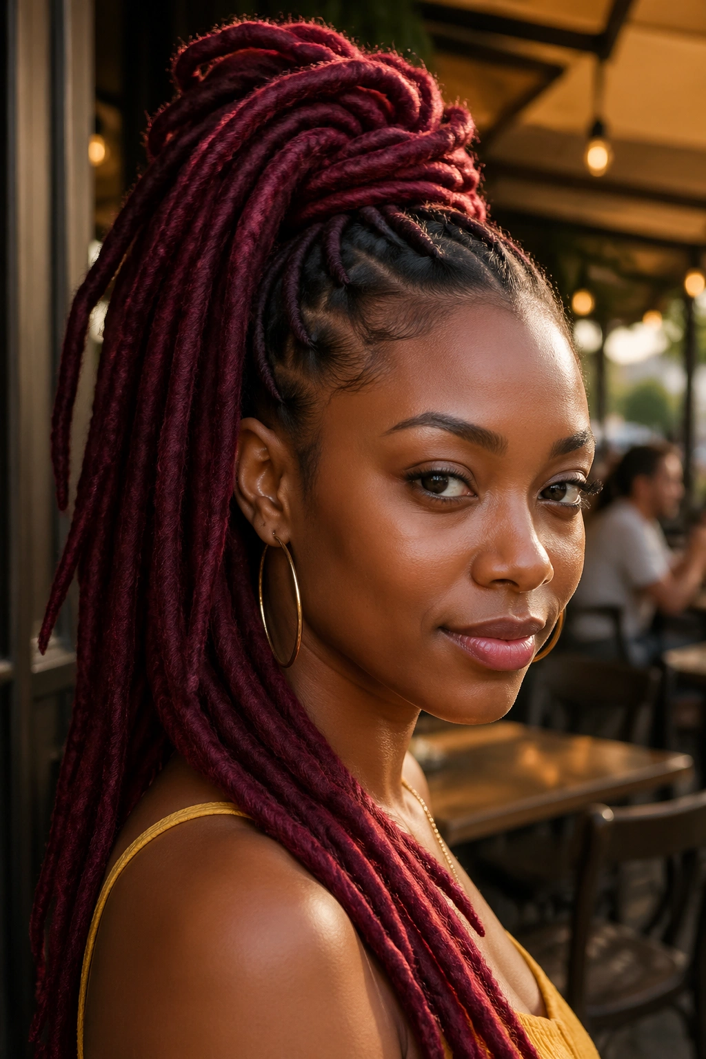 Close-up of real woman wearing a colored loc ponytail extension.